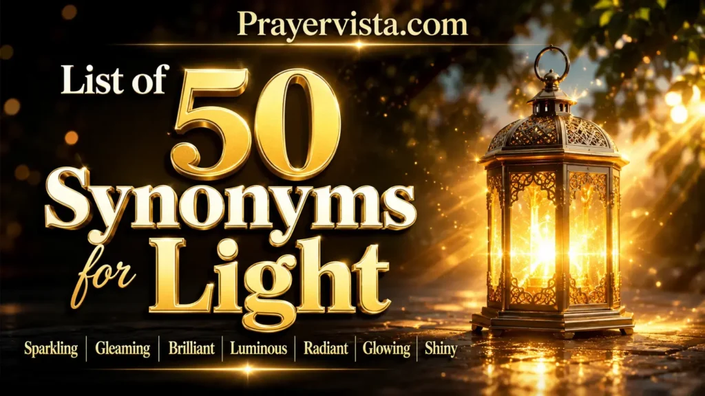 meanings and learning the appropriate synonyms will make your vocabulary richer and your communication more natural.
One of the biggest mistakes English learners make is assuming that every synonym for light can be used in every sentence. In reality, each synonym has its own meaning and works best in a specific context. For example, you can describe a room as bright, a backpack as lightweight, a blue shade as pale, or a smile as radiant. Learning these differences is the key to using English naturally and confidently.
In this complete guide, you'll find an organized synonyms for light list, clear explanations, practical synonyms for light examples, and easy-to-understand meanings for every context. Whether you're describing illumination, weight, colors, weather, or emotions, this article will help you choose the most accurate word without confusion. The examples are designed for students, writers, professionals, and anyone looking to expand their English vocabulary.
"The more words you know, the brighter your writing and the easier it becomes to express your ideas with confidence."
By the end of this guide, you'll not only know the best synonyms for light, but you'll also understand when, where, and how to use them correctly. With regular practice, you'll write more naturally, avoid repetition, and communicate with greater confidence in every situation.
## List of 50 Synonyms for Light
To make this list easier to study and revise, the 50 synonyms below are organized into five clear categories: Brightness & Shine, Color & Tone, Weight & Thinness, Transparency, and Natural Light & Change of State.
### Category 1: Synonyms for Light Meaning Brightness & Shine
1. Bright
Meaning:
Something that gives a lot of light or looks full of light.
Examples:
The bright sun warmed the garden.
Her room looked bright all morning.
2. Shiny
Meaning:
Something that reflects light and looks smooth.
Examples:
He wore shiny black shoes.
The new car looks shiny today.
3. Glowing
Meaning:
Giving off a soft and warm light.
Examples:
The candles were glowing at dinner.
The moon was glowing in the sky.
4. Radiant
Meaning:
Very bright and full of light.
Examples:
Her smile looked radiant.
The morning sky was radiant.
5. Luminous
Meaning:
Giving off light or looking very bright.
Examples:
The stars looked luminous tonight.
The clock has luminous numbers.
6. Brilliant
Meaning:
Very bright and easy to see.
Examples:
We watched a brilliant sunset.
The diamond looked brilliant.
7. Gleaming
Meaning:
Shining with a clean and bright look.
Examples:
The table was gleaming after polishing.
His bike looked gleaming in the sun.
8. Sparkling
Meaning:
Shining with many small flashes of light.
Examples:
The water looked sparkling.
She wore sparkling earrings.
9. Glittering
Meaning:
Shining with many tiny points of light.
Examples:
The snow looked glittering.
We saw glittering stars.
10. Flashing
Meaning:
Giving quick bursts of light.
Examples:
The light was flashing outside.
A flashing sign warned drivers.
11. Beaming
Meaning:
Shining brightly or showing great happiness.
Examples:
The sun was beaming all day.
She was beaming with pride.
12. Illuminated
Meaning:
Made bright with light.
Examples:
The park was illuminated at night.
The stage was fully illuminated.
13. Lit
Meaning:
Filled with light.
Examples:
The kitchen was well lit.
Every window was lit.
14. Sunny
Meaning:
Full of sunshine and bright light.
Examples:
It is a sunny morning.
We enjoyed the sunny beach.
15. Clear
Meaning:
Bright enough to see everything easily.
Examples:
The sky stayed clear all day.
We had a clear view of the lake.
20. Glimmering
Meaning:
Shining with a faint and unsteady light.
Examples:
We saw glimmering lights far away.
The candle was glimmering in the dark.
21. Glistening
Meaning:
Shining with a bright and wet look.
Examples:
The grass was glistening with dew.
Her hair was glistening in the sun.
22. Lustrous
Meaning:
Having a smooth and shining look.
Examples:
The pearl had a lustrous shine.
She has lustrous black hair.
23. Dazzling
Meaning:
Very bright and beautiful.
Examples:
The stage lights were dazzling.
She wore a dazzling dress.
24. Vivid
Meaning:
Very bright and full of color.
Examples:
The painting has vivid colors.
We saw a vivid rainbow.
25. Vibrant
Meaning:
Bright, lively, and full of color.
Examples:
The garden looked vibrant.
She wore a vibrant scarf.
26. Lucent
Meaning:
Shining with a clear light.
Examples:
The crystal looked lucent.
The water had a lucent glow.
27. Incandescent
Meaning:
Giving off bright light.
Examples:
The bulb became incandescent.
The lamp gave an incandescent glow.
28. Fluorescent
Meaning:
Giving bright light with a special lamp.
Examples:
The classroom has fluorescent lights.
The office uses fluorescent bulbs.
29. Neon
Meaning:
Very bright and colorful.
Examples:
The shop had a neon sign.
Neon lights filled the street.
49. Shimmering
Meaning:
Shining with a soft, moving light.
Examples:
The river looked shimmering.
We admired the shimmering sea.
50. Glowing Bright
Meaning:
Giving off a strong and warm light.
Examples:
The fireplace was glowing bright.
The lantern stayed glowing bright all night.
### Category 2: Synonyms for Light Meaning Color & Tone
16. Pale
Meaning:
Light in color and not dark.
Examples:
She chose a pale pink dress.
The walls are pale green.
17. Soft
Meaning:
Gentle and not strong or harsh.
Examples:
A soft light filled the room.
She turned on a soft lamp.
18. Gentle
Meaning:
Mild and easy on the eyes.
Examples:
The gentle light helped me relax.
We enjoyed the gentle morning sun.
19. Warm
Meaning:
Having a pleasant golden light.
Examples:
Warm light filled the living room.
The sunset gave a warm glow.
30. White
Meaning:
Having the color of fresh snow.
Examples:
The room had white walls.
She wore a white shirt.
31. Cream
Meaning:
A soft light yellow or off-white color.
Examples:
The sofa is cream.
We painted the room cream.
32. Ivory
Meaning:
A light creamy white color.
Examples:
She bought an ivory dress.
The cards are ivory in color.
33. Blond
Meaning:
Having light yellow hair.
Examples:
He has blond hair.
Her blond curls looked beautiful.
34. Fair
Meaning:
Having a light skin tone or light color.
Examples:
She has fair skin.
The puppy has fair fur.
### Category 3: Synonyms for Light Meaning Weight & Thinness
35. Airy
Meaning:
Light and open with plenty of space.
Examples:
The room feels airy.
We love the airy design.
36. Featherweight
Meaning:
Very light and easy to carry.
Examples:
This bag is featherweight.
He bought a featherweight jacket.
37. Lightweight
Meaning:
Not heavy and easy to lift.
Examples:
This laptop is lightweight.
She packed a lightweight blanket.
38. Delicate
Meaning:
Light, gentle, and easy to handle.
Examples:
The fabric feels delicate.
She held the delicate flower.
39. Thin
Meaning:
Not thick or heavy.
Examples:
He wore a thin coat.
The notebook has thin pages.
40. Fine
Meaning:
Very thin and light.
Examples:
The sand is fine.
She used fine paper.
41. Sheer
Meaning:
Very thin and easy to see through.
Examples:
She wore a sheer scarf.
The curtains are sheer.
### Category 4: Synonyms for Light Meaning Transparency
42. Transparent
Meaning:
Clear enough to see through.
Examples:
The glass is transparent.
We used a transparent bottle.
43. Translucent
Meaning:
Letting some light pass through.
Examples:
The window is translucent.
The paper looked translucent.
### Category 5: Synonyms for Light — Natural Light & Change of State
44. Brightened
Meaning:
Made something lighter or brighter.
Examples:
The paint brightened the room.
Her smile brightened my day.
45. Lightened
Meaning:
Made less dark or less heavy.
Examples:
The clouds lightened after the rain.
She lightened the bag.
46. Moonlit
Meaning:
Lit by the light of the moon.
Examples:
We walked on a moonlit road.
The beach looked beautiful under the moonlit sky.
47. Sunlit
Meaning:
Filled with sunlight.
Examples:
We sat in a sunlit room.
The garden was sunlit all morning.
48. Daylit
Meaning:
Bright with natural daylight.
Examples:
The office is daylit.
We studied in a daylit classroom.
## FAQs
1. What are synonyms for light?
Synonyms for light include bright, shiny, glowing, radiant, luminous, brilliant, sparkling, gleaming, glimmering, and sunlit. The best synonym depends on the meaning and the sentence.
2. Why should I learn synonyms for light?
Learning synonyms for light improves your vocabulary. It also makes your writing, speaking and reading more interesting and natural.
3. What is the best synonym for light?
Bright is one of the most common and useful synonyms for light. It works well in everyday conversations and writing.
4. What is another word for bright light?
You can use words like radiant, brilliant, luminous, dazzling, or glowing to describe bright light.
5. Can light mean not heavy?
Yes. The word light can also mean not heavy. In that case synonyms include lightweight, featherweight, and easy to carry.
6. Is glowing a synonym for light?
Yes. Glowing is a synonym for light when something gives off a soft and warm light.
7. What is the difference between bright and shiny?
Bright means giving off a lot of light while shiny means reflecting light from a smooth surface.
8. Which synonym for light is best for students?
Bright, glowing, shiny, and clear are easy words for students because they are simple and common.
9. How can bloggers use synonyms for light?
Bloggers can use different synonyms to avoid repeating the same word. This makes articles more engaging and SEO friendly.
10. Are synonyms for light useful in creative writing?
Yes. They help writers create clear pictures and make stories more colorful and expressive.
11. What are some simple synonyms for light for kids?
Kids can learn easy words like bright, shiny, sunny, glowing, and clear because they are simple to understand.
12. How do synonyms improve English vocabulary?
They help you learn different ways to express the same idea, making your English richer and more natural.
13. Can I use synonyms for light in essays?
Yes. Using different synonyms makes essays sound more professional and prevents repeating the same word too often.
14. How can I remember new synonyms for light?
Practice using each word in daily conversations, school assignments, emails and short sentences. Regular practice helps you remember them.
15. Where can I use synonyms for light in daily life?
You can use them in emails, essays, blog posts, social media captions, school work, business writing and everyday conversations.
## Conclusion
Learning synonyms for light examples is a simple way to improve your English every day. These words help you express ideas in a clearer and more creative way. When you use different words for light, your writing becomes more natural and less repetitive. It also makes your communication stronger and easier to understand.
Using synonyms for light examples is very helpful for students, bloggers, and writers. It allows you to describe brightness, shine, and softness in many different ways. This makes essays, stories, and articles more engaging and enjoyable to read. Small vocabulary changes can create a big impact on your writing style.
"A bright word can light up a simple sentence."
So keep learning and using synonyms for light examples in your writing and speaking every day.
When you practice synonyms for light examples, you also improve your speaking skills. You start choosing better words in daily conversations without even thinking. This builds confidence and helps you sound more fluent in English. Regular practice is the key to long-term improvement.
"Words are lights that guide the mind in darkness."
List of 50 Synonyms for LightÂ