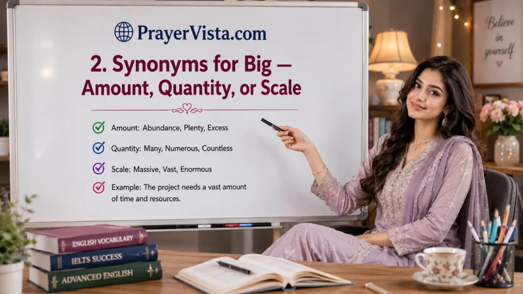 2. Synonyms for Big — Amount, Quantity, or Scale